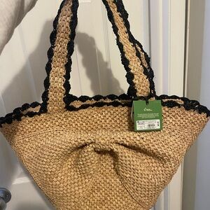 (NWT) kate spade Tan Straw Tote with Black Trim